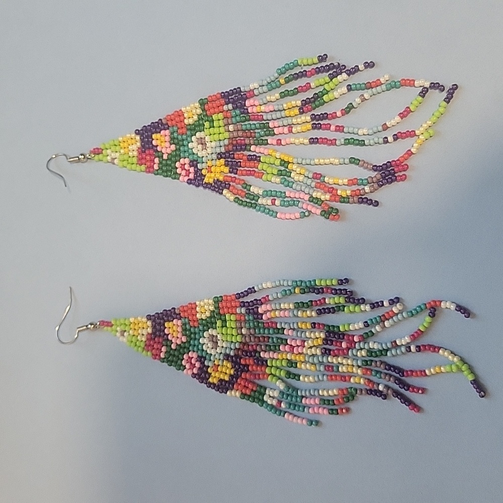 Multi Colored Seed Bead Fringe Earrings  5"
